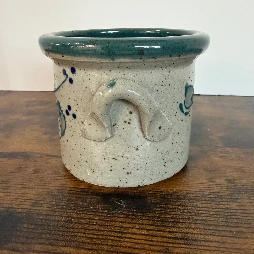 Great Bay Pottery Rye NH Stoneware Crock Blue Floral Teal Cottage Utensil Holder